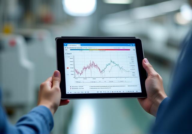 A close-up of a tablet displaying complex weaving analytics and thread tension graphs