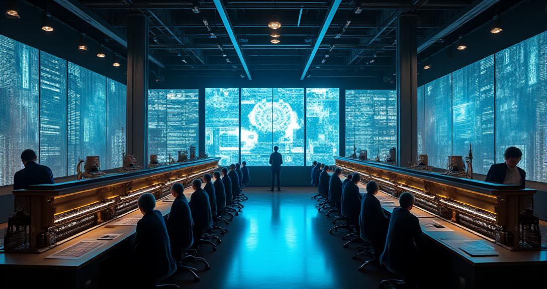 A high-tech control room overlooking a traditional weaving floor