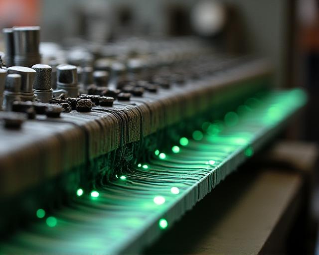 Detail shot of vintage textile machinery integrated with modern digital sensors