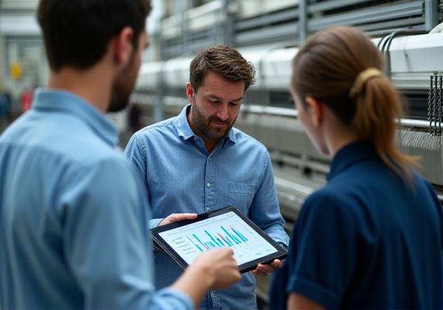 Consultant reviewing data charts with a factory manager