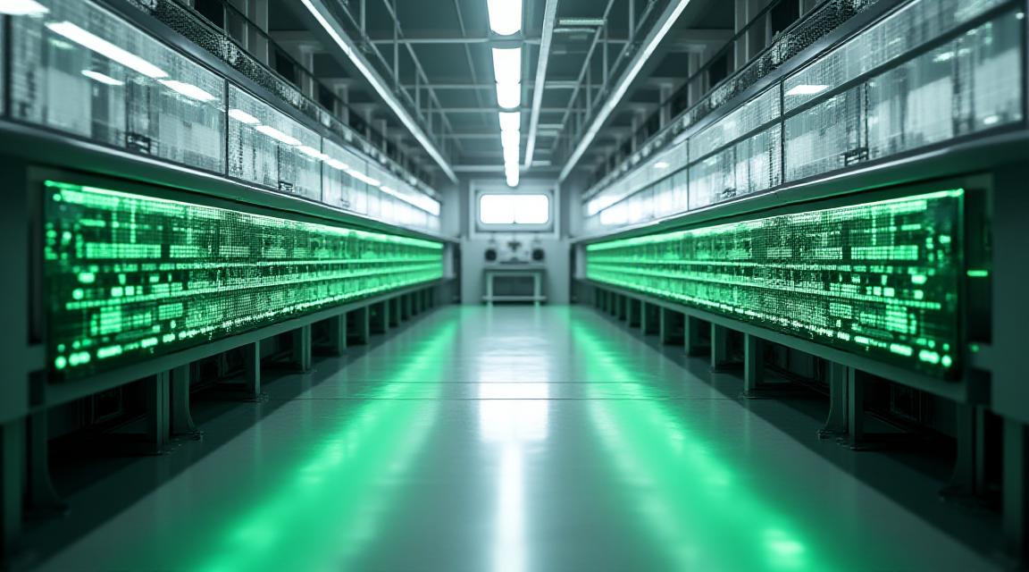 Modern textile factory floor with integrated data screens